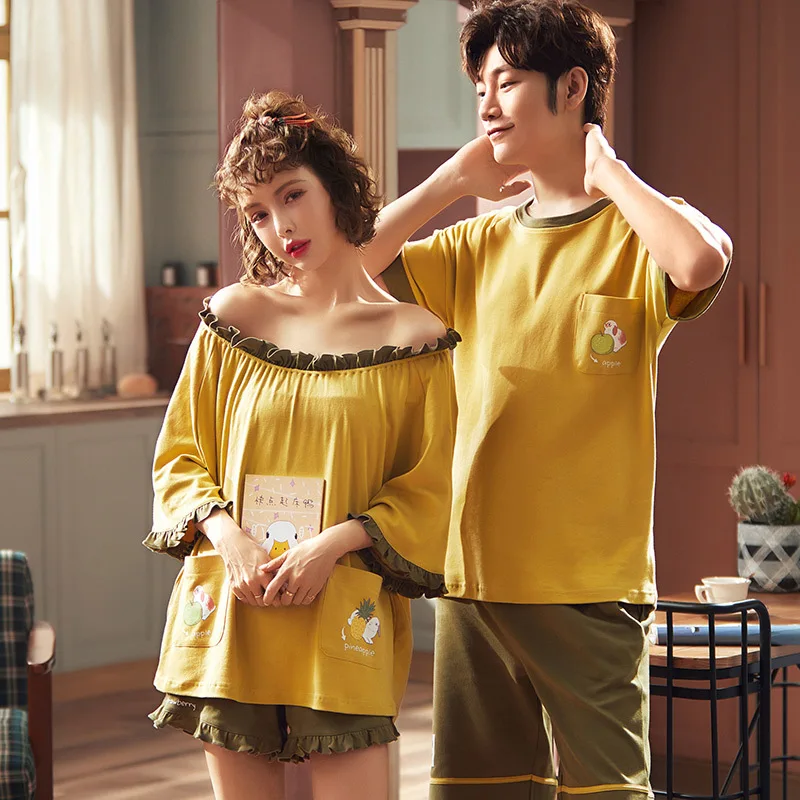 

New Cartoon Print Couple Pajamas Set Summer Cotton Women And Men Pyjamas Short Sleeve Sleepwear Lounge Pajama Lovers Loungewear