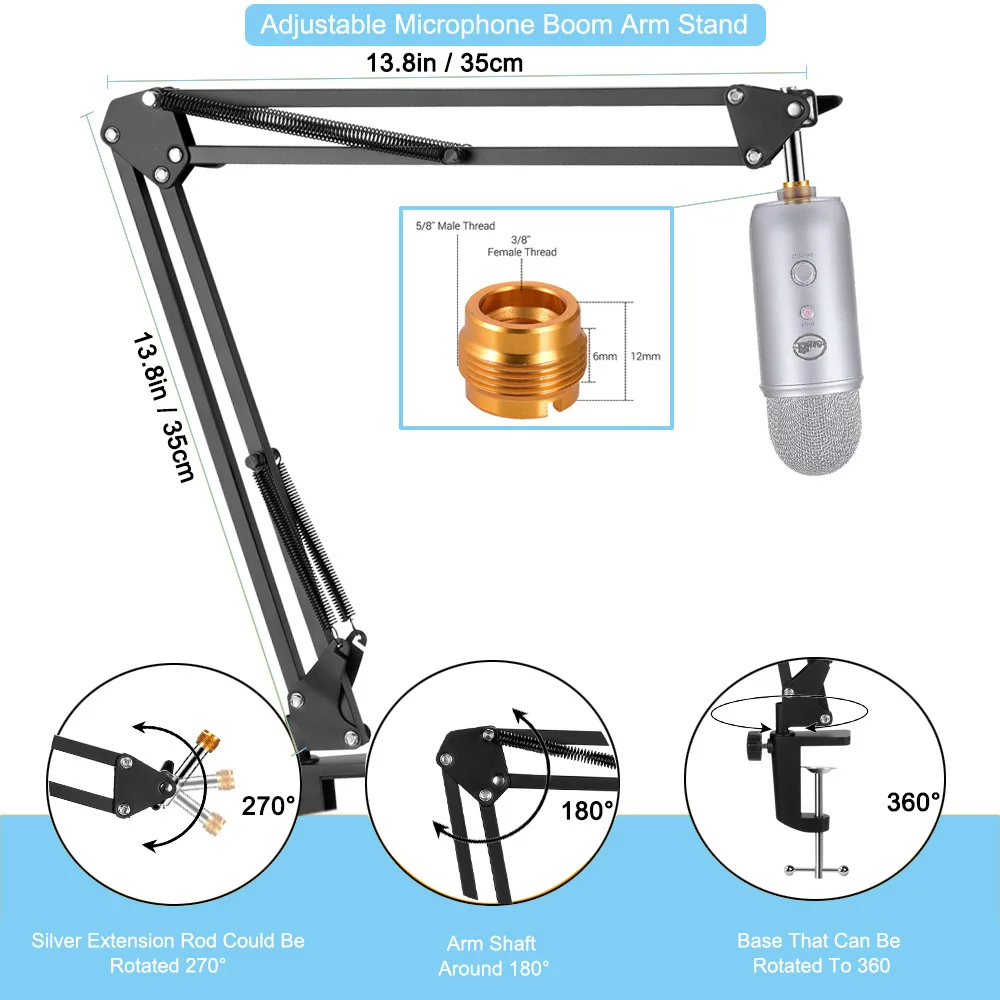 MOUNT-IT! Adjustable Microphone Boom Arm [3/8'' to 5/8'' Screw Adapter]  Suspension Scissor Mic Stand, Desk Mount For Blue Snowball, Yeti, & Other