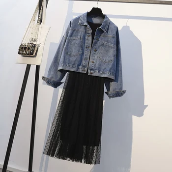 

Oversize 5XL Mesh Dress and Denim Jacket Two Piece Set Women 2020 New Autumn Fashion Cotton Jeans Coat Sleeveless Dresses Suit