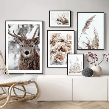 

Bouquet Wall Scandinavian Canvas Painting Hydrangea Twig Korean Art Posters and Prints Deer Landscape Pictures for Home Decor