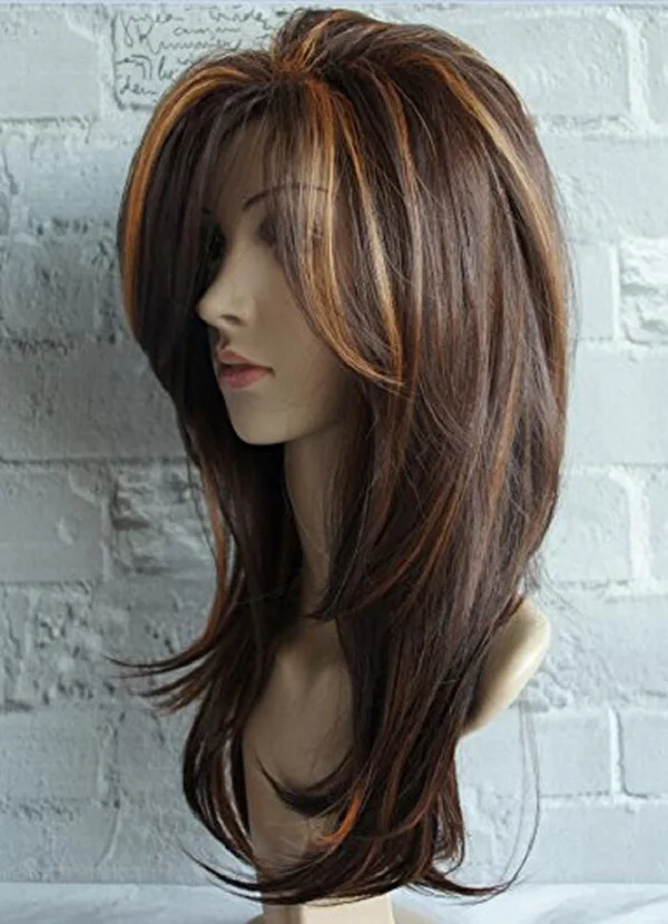 WHIMSICAL W Long Natural Wave  Wigs For Women Ombre Brown Mixed Color Heat Resistant Hair Synthetic Wig