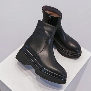 

Women's genuine leather chunky heel platform side zip ankle boots leisure comfortable punk short booties high quality shoes sale