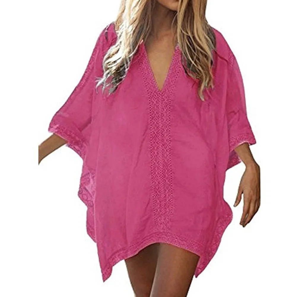 bikini cover up Women Sexy Loose Plus Size Beach Dress Swimwear Bikini Cover Up Tops Ikini Cover-Up Blouse Beach Hollowed-Out Dress Holiday long flowy beach dress