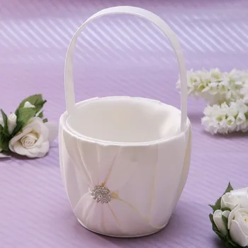 

25cm Flower Basket In Ivory Satin With Rhinestones And Sash Wedding Ceremony