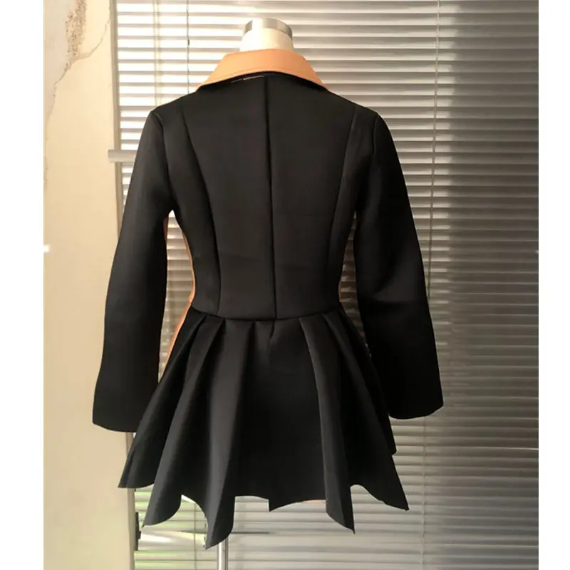 Women Autumn Winter Coat Long Sleeve Jackets Tops Pleated Patchwork Office Ladies Workwear Chic Streetwear Coats