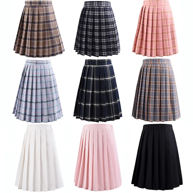 Harajuku Black Skirts Womens 2020 Summer High Waist Anime Skirts Kawaii School Uniform Short Mini White Pink Plaid Pleated Skirt