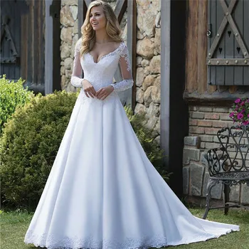

European Long Sleeves A-Line Wedding Dress Lace Appliques White Custom Bridal Gowns 2021 Robe De Mariage Fashion