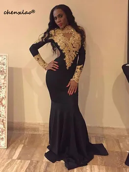 

Black Mermaid Gold Evening Dress Appliques Long Sleeves Prom Dresses Islamic Dubai Saudi Arabic Long Evening Gown