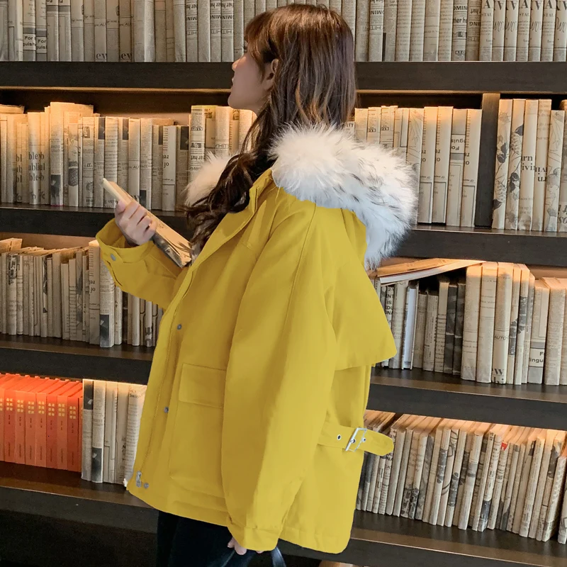 Yellow Women Cotton Padded Coat Autumn Winter Warm Thicken Fur Hooded Coats Parka Female Loose Solid Pocket Jacket Outwear - Color: Yellow
