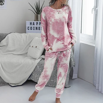

Women's Summer Two-piece Home Suit for Spring Summer Tie-dye Thin Long-sleeved Colorful Viscose Cotton Pants Pajamas D30