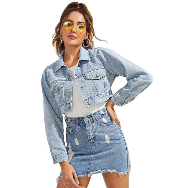 Blue Cropped Denim Jacket Women Spring 