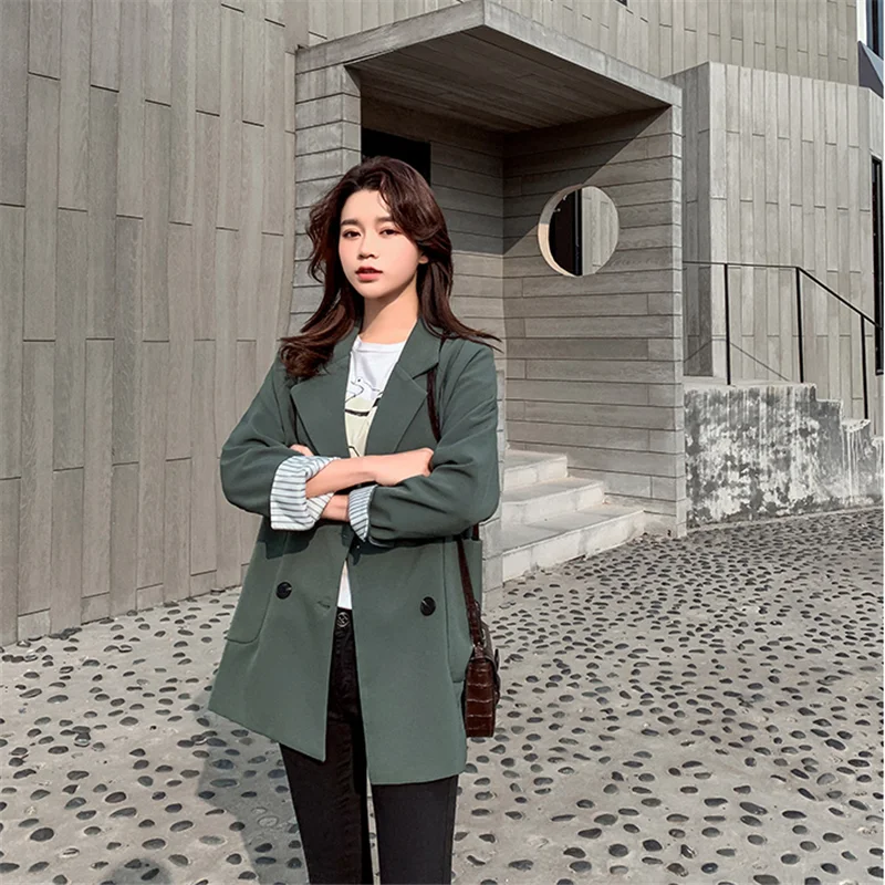 

2020 Spring New Elegant Vintage Loose Pockets Double breasted Women Office Blazers Plus size Korean Ladies Casual Blazer Coat