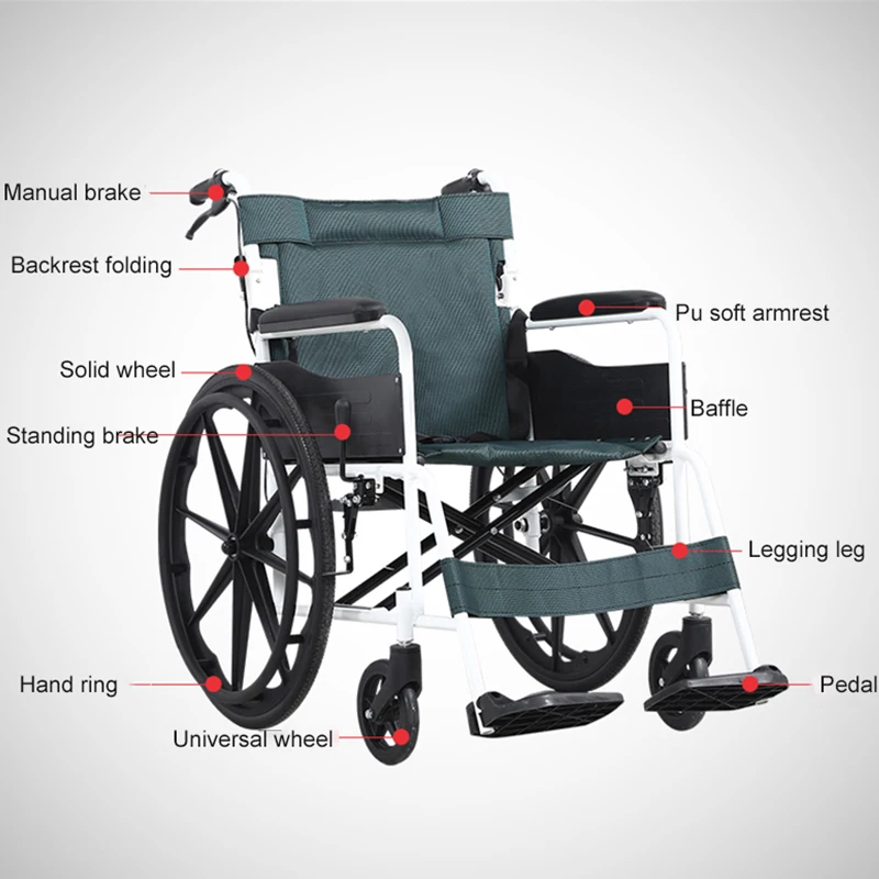 Wheelchairs For Elderly Leisure Wheelchair Black 22 Inch Solid Wheel PU Soft Armrest Manual Brake Wheelchair For Disabled