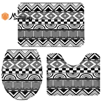 

3 Pieces Bathroom Set Ethnic Patterns Of Black And White Color Abstract Geometry Durable Bath Set Toilet Cover Mat Pedestal Rug