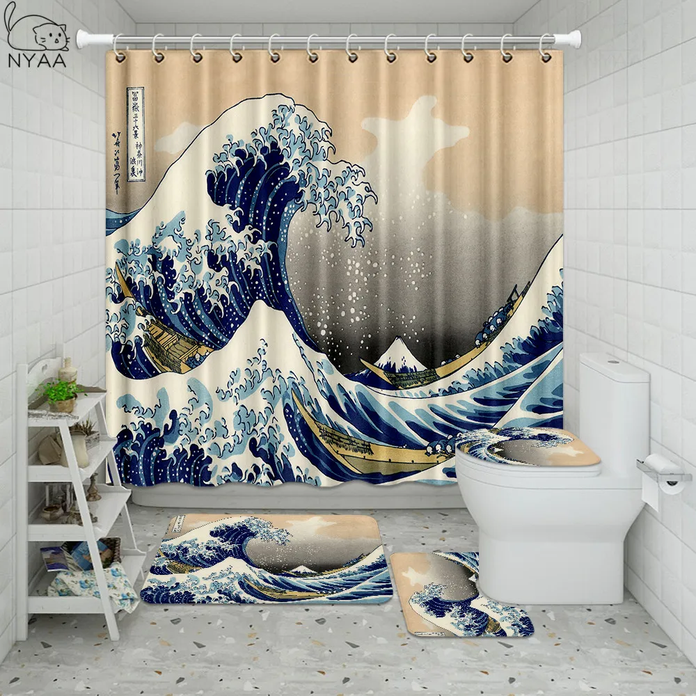 Details about   Japanese Waves Bathroom Shower Curtain Waterproof Bathtub Hooks Mould Proof Arts