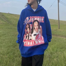 

Klein Blue Oversized Hoodies Women American Fashion Trend Hip-Hop Print Hooded Sweatshirt High Street Plush Thickening Tops