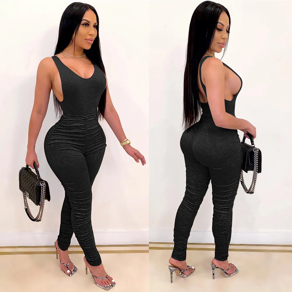 Solid Color Side Cut Out UP Skinny Jumpsuits Sleeveless Summer Women Fashion Casual Bodycon Bandage Ruched Sexy Rompers