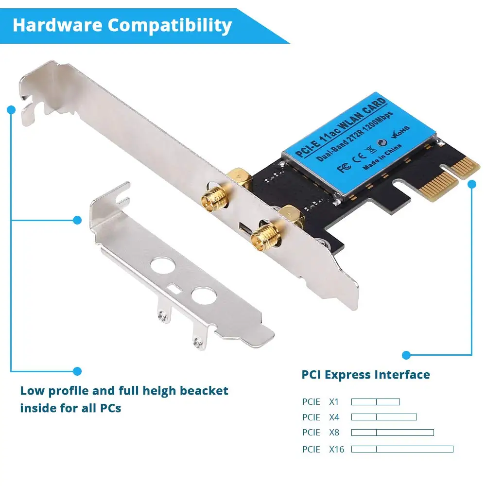 Onvian беспроводная сетевая карта AC1200Mbps PCI-E двухдиапазонный адаптер 5G/2,4G WiFi сетевая карта для Windows 10/Windows 8/Windows 7