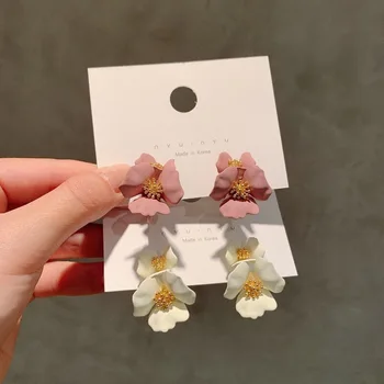 

2020 Summer Pink White Flower Earrings Sweet Candy Color Metal Flowers Long Statement Dangle Earrings Jewelry Boucle D'oreille