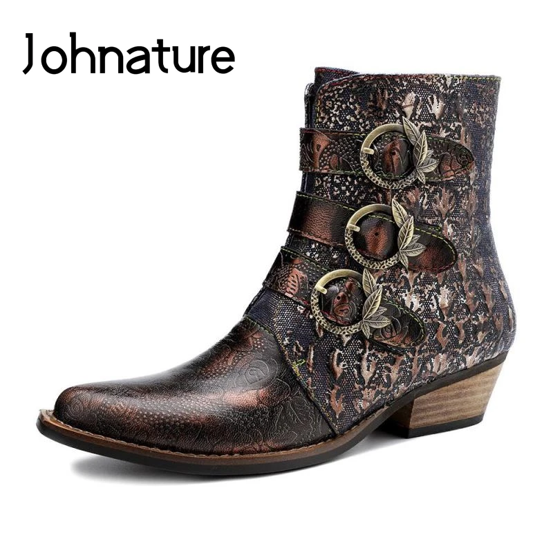 Johnature Женская обувь в стиле ретро; Новинка года; зимние ботинки на платформе; ботильоны из натуральной кожи на молнии с вышитым цветочным принтом для отдыха