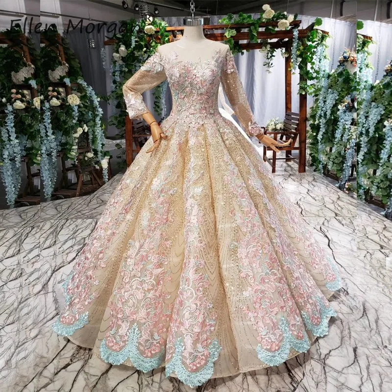 Color as picture Арабский, винтажные туфли с блестками кружевное платье для выпускного вечера платья с длинным рукавом с вырезом и аппликацией Иллюзия длинное платье для девочек Пышное Бальное Платье - Цвет: Color as picture