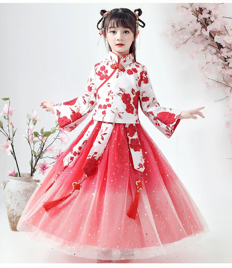 

Girls Han Fu vestidos Chinese Style Flower Girl Dress Dramaturgic Robe Dress Kids Chinese Traditional Ancient New Year Clothing