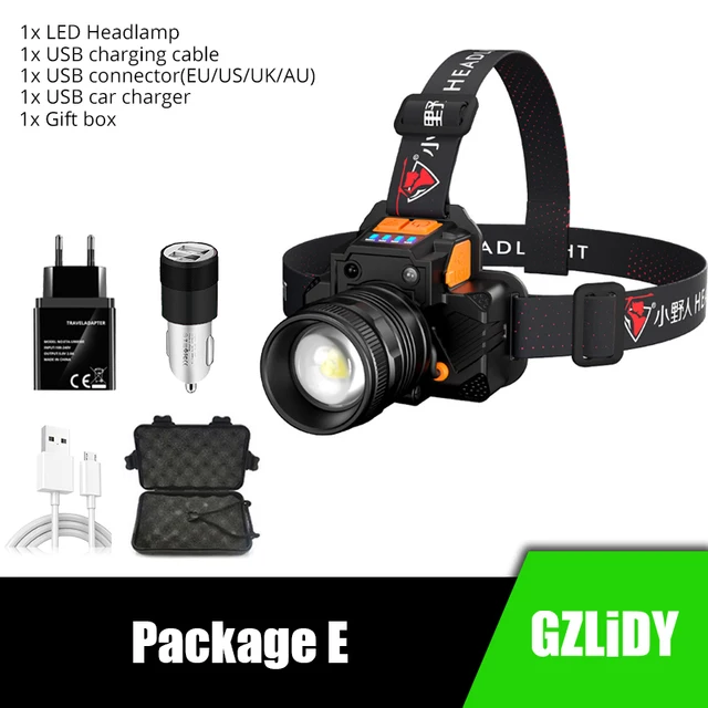 USB Rechargeable LED Headlamp Super Bright T6/L2 Waterproof Headlight with Sensor Switch 3 Modes Fishing Flashlight Zoom Lantern Package E