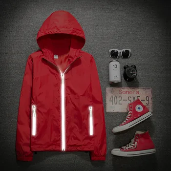 

Men's Hooded M-7XL Coat Reflective Couple Sports Casual Sunscreen Jacket Harajuku Windbreaker Hooded Shiny Zipper Jacket
