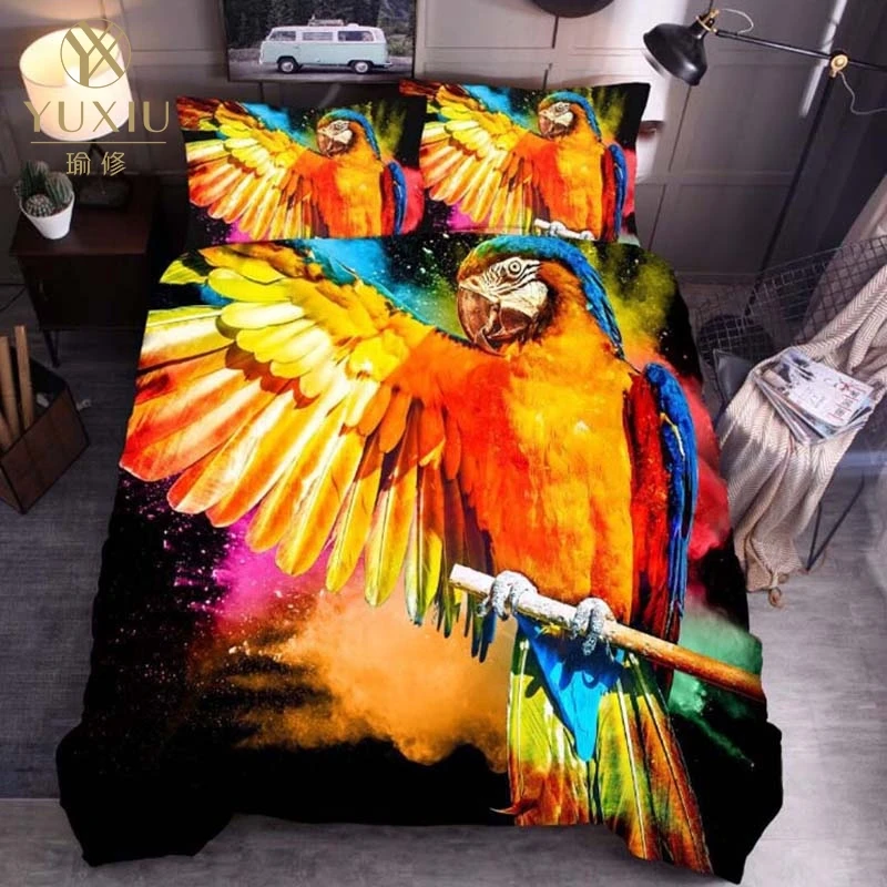 

YuXiu Classic Duvet Cover Sets 3D Animal Parrot Black Bed Linen Linens Full Queen King Single Twin Size Quilt Covers Bedding Set