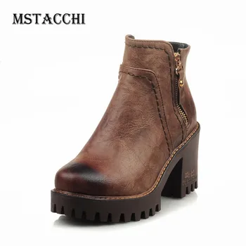 

Mstacchi Women Sewing Rubbing Color Patchwork Platform Jackboots Retro Lady Round Toe Pleated Chunky Heels Zipper Martin Boots