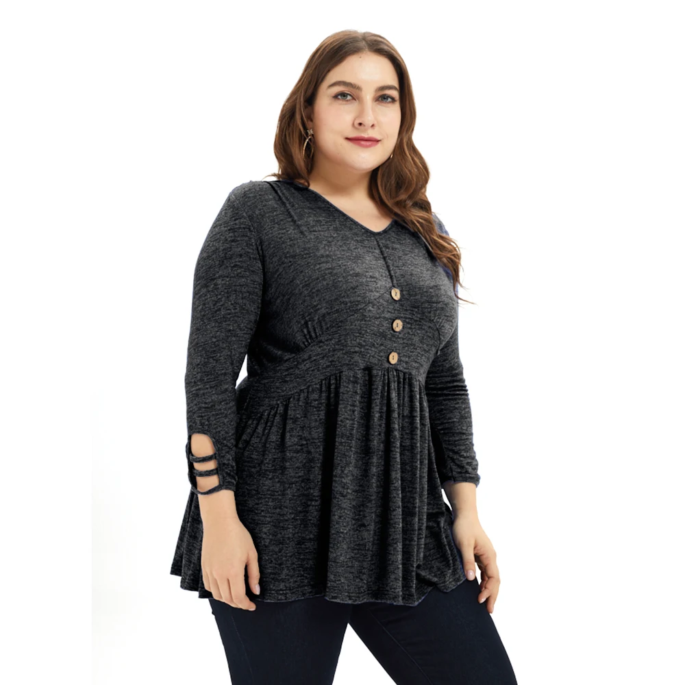 5XL размера плюс, женские топы, плиссированная футболка с длинным рукавом, Женская Повседневная футболка на пуговицах с v-образным вырезом, осенняя женская уличная одежда D30