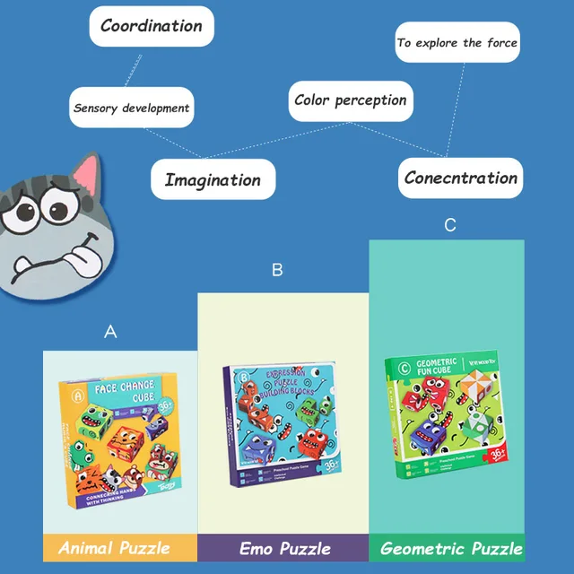 Animals Cube Table Games Educational Toys Kawaii Face Cube Building Blocks Puzzle Interactive Board Game Challenge Kids Gift 5