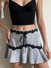 

HEYounGIRL Kawaii Hight Waist Pleated Skirt Lace Up Gray Patchwrok Lace Casual Mini Skirts Sweet Girls Korean Fashion Streetwear