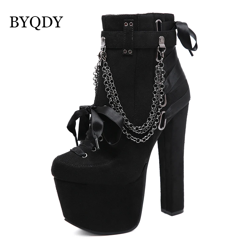 Skup BYQDY Sexy łańcuchy luksusowe kobiece buty zimowe grube szpilki platformy botki krótkie pluszowe USA botki motocyklowe hurtownie