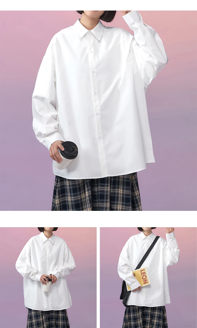 LEGIBLE 2021 Long sleeve Shirt Women White Turn Down Collar Basic Casual Teen Gril Oversize Shirt Women Loose Blouse