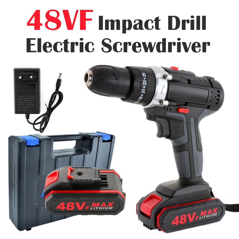 48VF Wireless Electric Drill Impact Drill Wrench Screwdriver Double Speed Power Hand Driver Drill Hammer Drill with Battery Tool