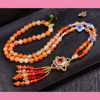 

Wholesale Natural 8mm Agate Necklace Women's Cut Faceted Beads Retro Micro-set Fringed Sweater Chain Jewelry