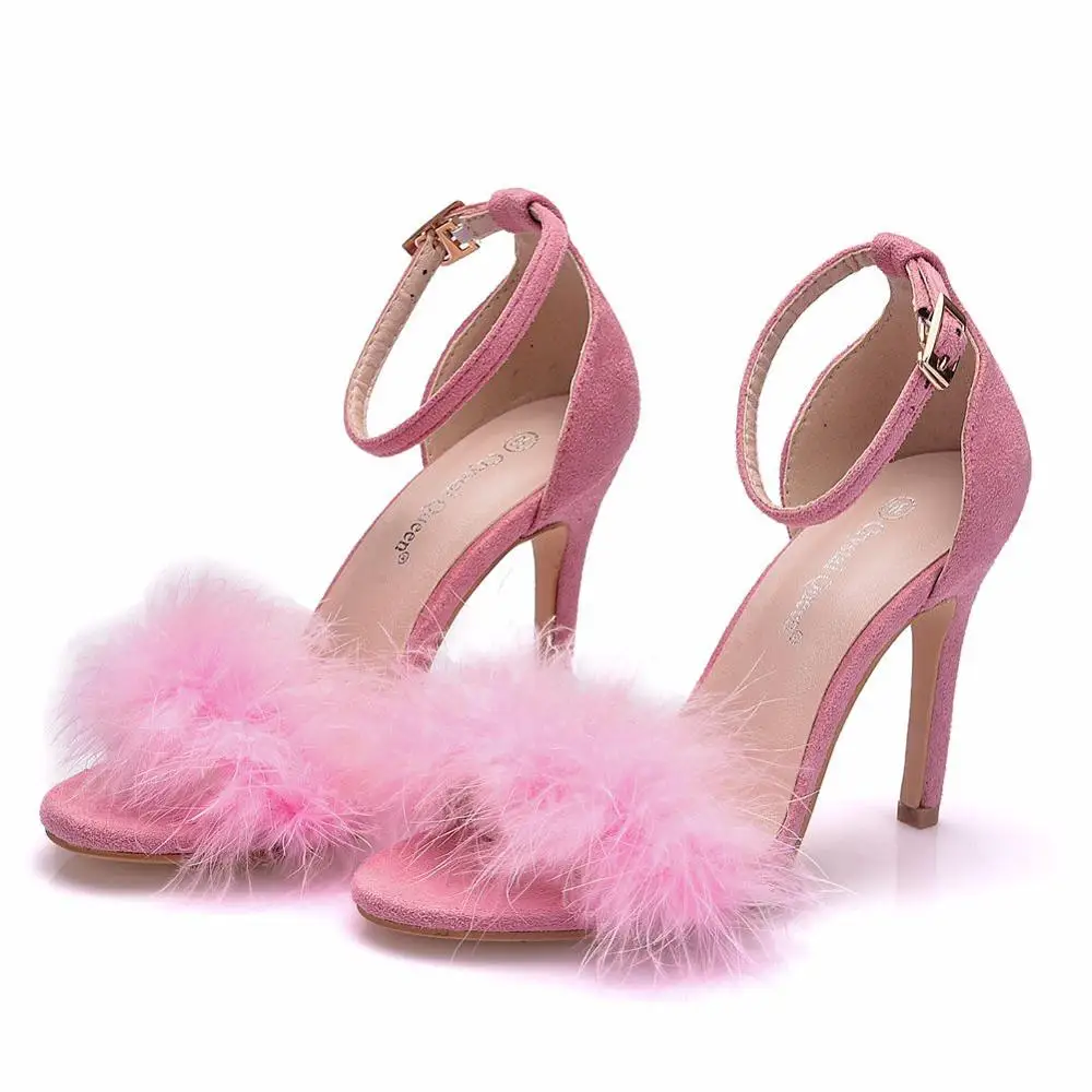 Женская летняя обувь со стразами; пушистые туфли на высоком каблуке-шпильке с открытым носком; женские свадебные босоножки с мехом и перьями; большой размер 42 - Цвет: Розовый