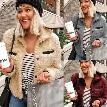 

SparkDora Thick Warm Fur Lambswool Jacket Autumn Winter button Coat Turndown Collar Pocket Casual Outerwear Camel Hairy Overcoat