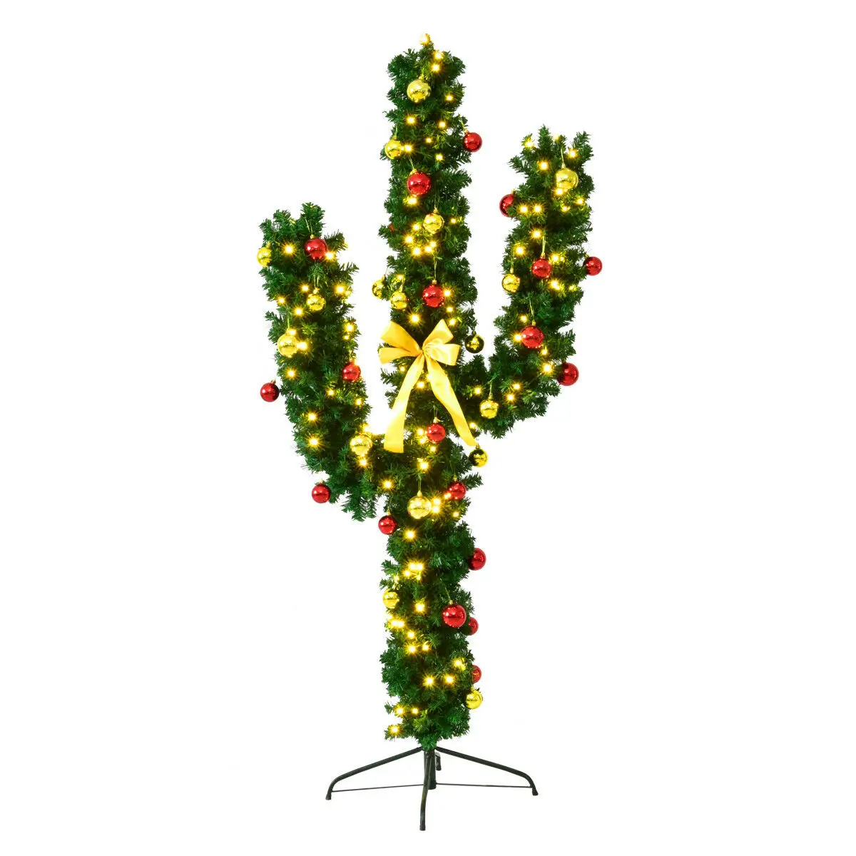 Costway 6Ft Pre-Lit Cactus Christmas Tree LED Lights Ball Ornaments.