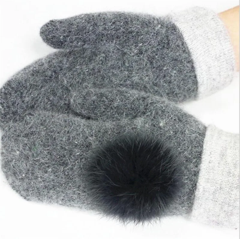 LJCUIYAO Модные женские зимние перчатки для девочек Однотонные кроличьи меховые варежки мягкие теплые яркие цвета двухслойные женские красные перчатки - Цвет: G114 Dark Gray