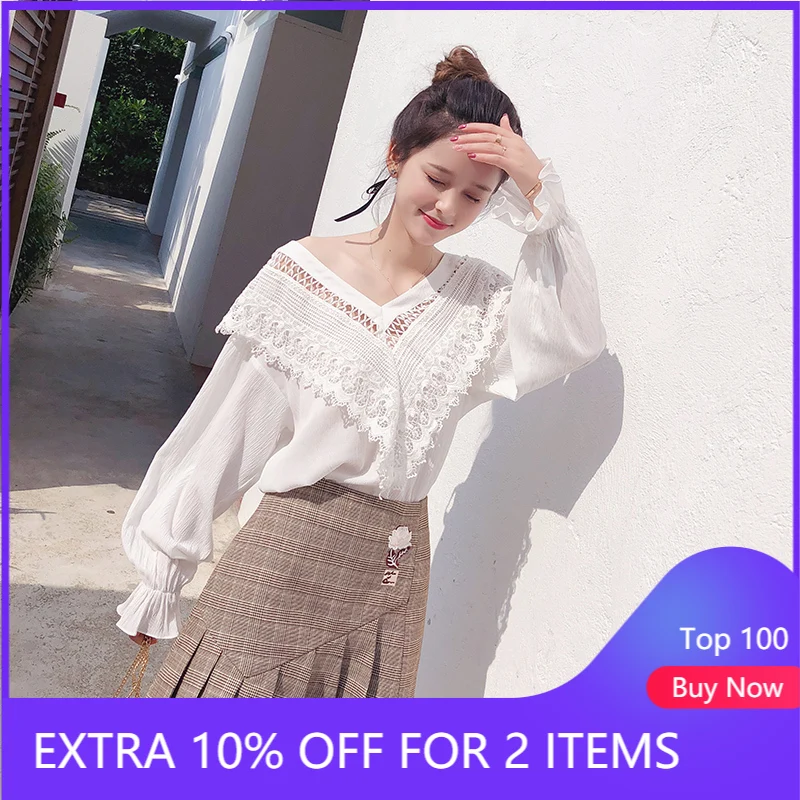 Women Blouses Lantern-Sleeve Lace Mishow Shirts Patchwork Female Chiffon V-Neck Fashion