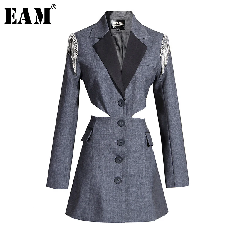 [EAM] Женский Серый блейзер с разрезом, новинка, лацкан, длинный рукав, свободный крой, куртка, мода, весна-осень, 19A-a780