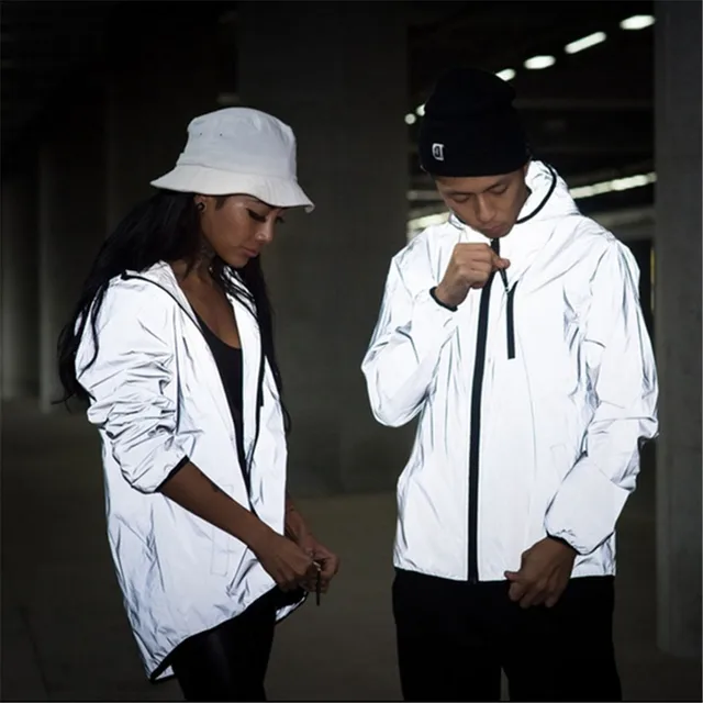 Long Sleeved Reflective jacket men women harajuku windbreaker jackets hooded hip-hop streetwear night shiny zipper coats