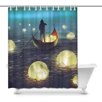 

Night Scenery of A Man in A Boat Among Glowing Moons On The Sea Home Decor Waterproof Polyester Fabric Shower Curtain Bathroom