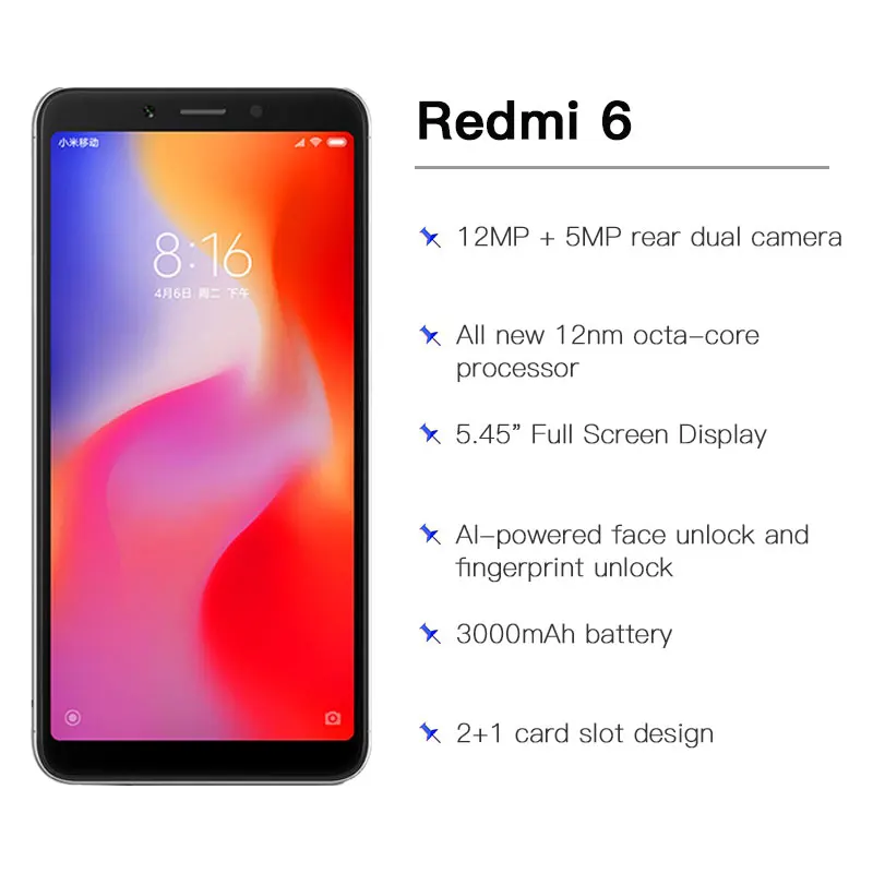 Глобальная версия Redmi 6 4 Гб 64 Гб мобильный телефон Helio P22 Восьмиядерный 5,4" 18:9 полноэкранный 3000 Мп+ Мп мАч