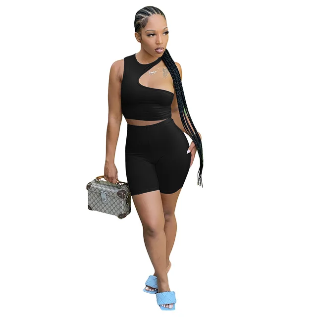 Ronikasha Women Biker Shorts Set 2 Piece Set Summer Short Sleeve Collarless Casual Jogger Cycling Suit Sexy Clothes black