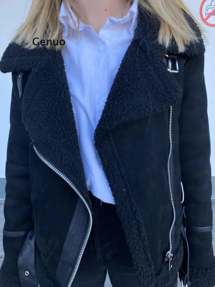 

Женские зимние куртки из искусственной овчины, искусственная кожа, женские толстые теплые замшевые овчины, Короткие мотоциклетные коричневые пальто