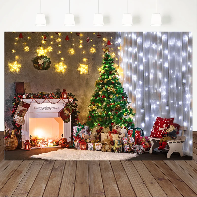 

Photography Backdrops Christmas Tree Fireplace Gift Sock Star Lights Candle Christmas Background For Photo Studio