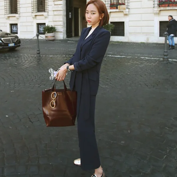 

2018ol Commuting Slimming Versatile Long Sleeve Suit Side Edge Lace-up + Wide Leg Suit Pants Set